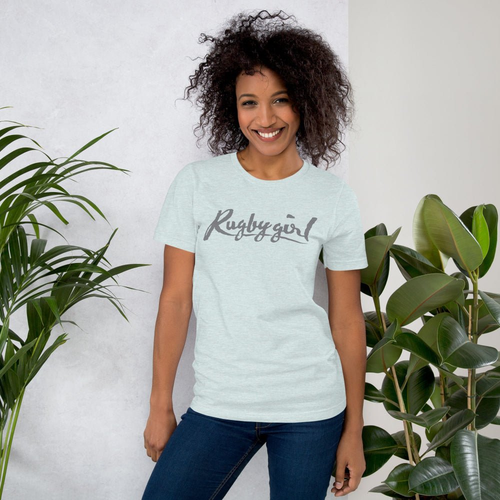 Heather blue women's rugby t-shirt with "Rugby girl" script, casual fit for rugby fans. - Rugby Girl