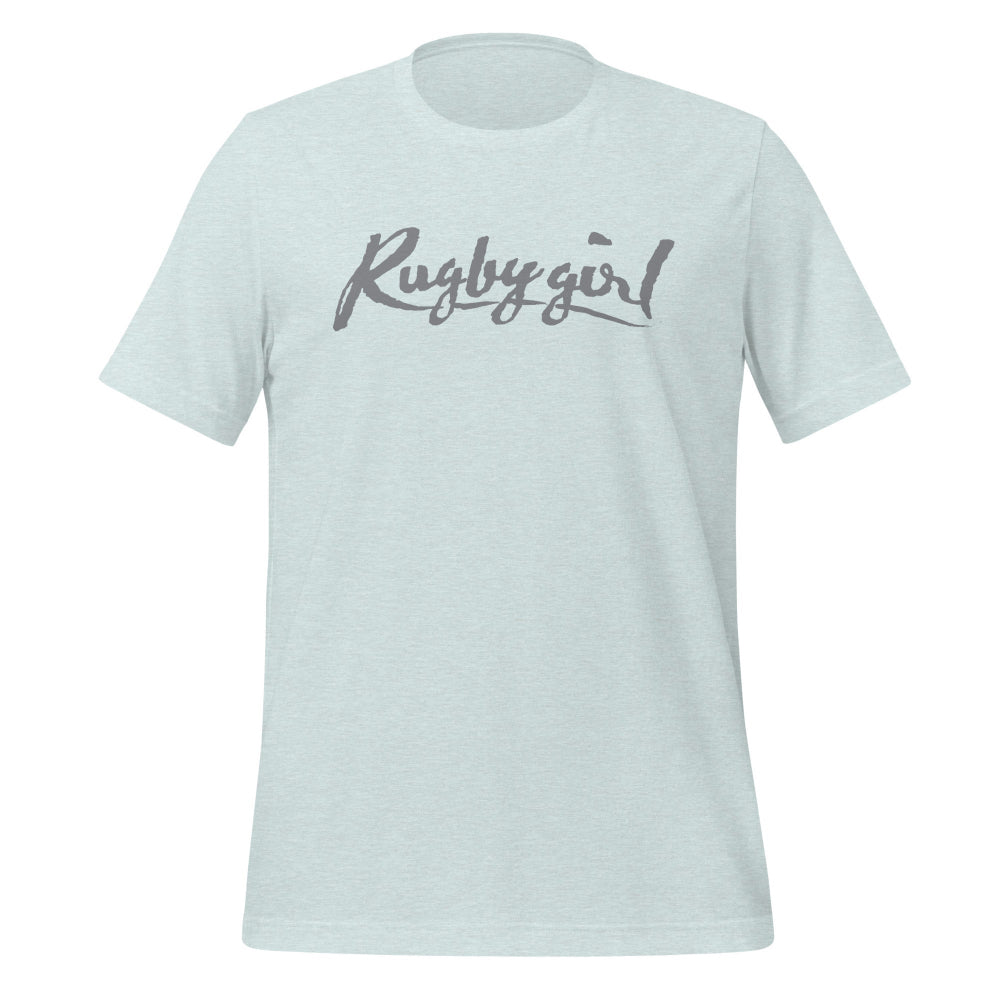 Heather blue women's rugby t-shirt with bold "Rugby girl" script, casual rugby apparel. - Rugby Girl