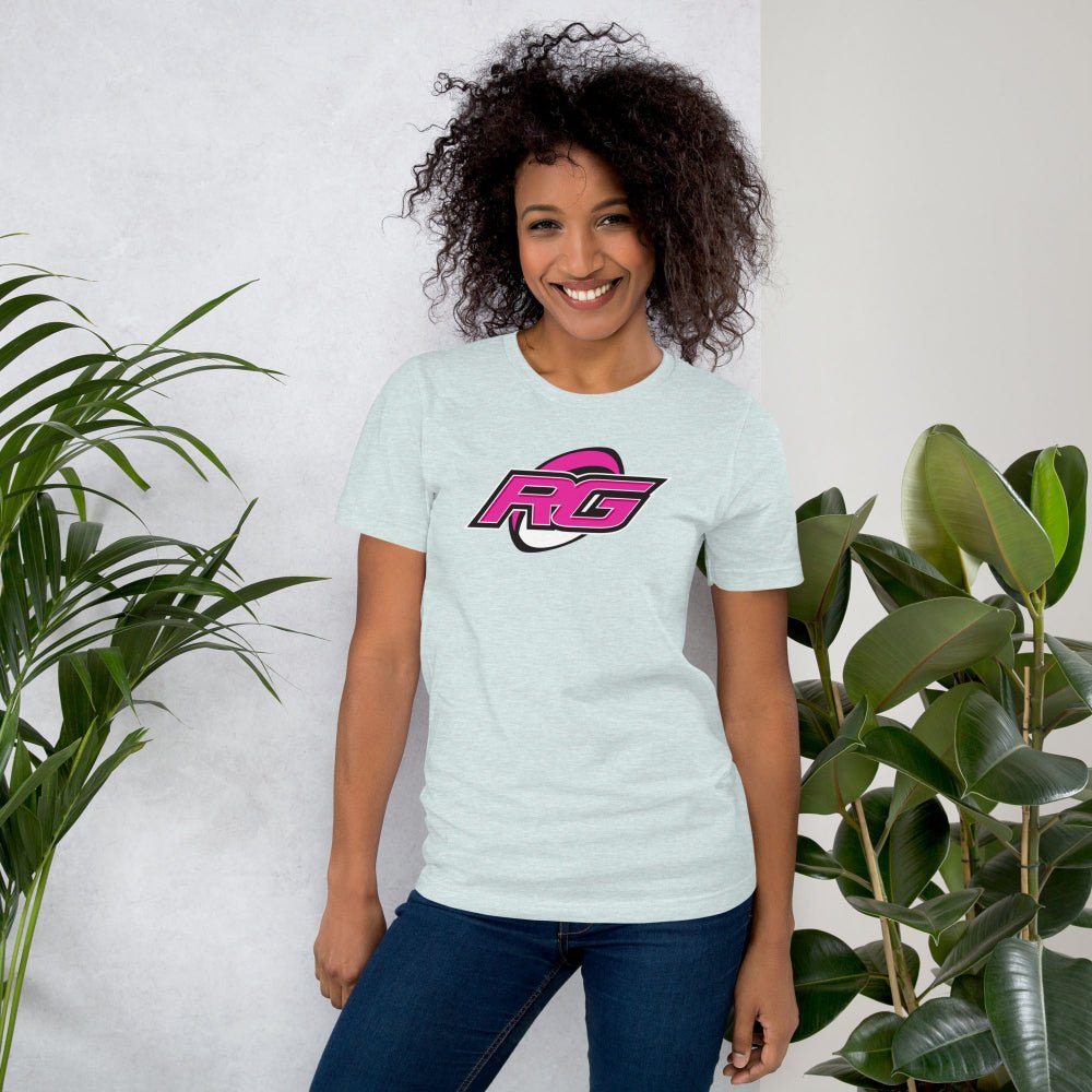 Heather Blue women's rugby t-shirt with bold pink RG logo, casual rugby apparel for rugby girls. - Rugby Girl