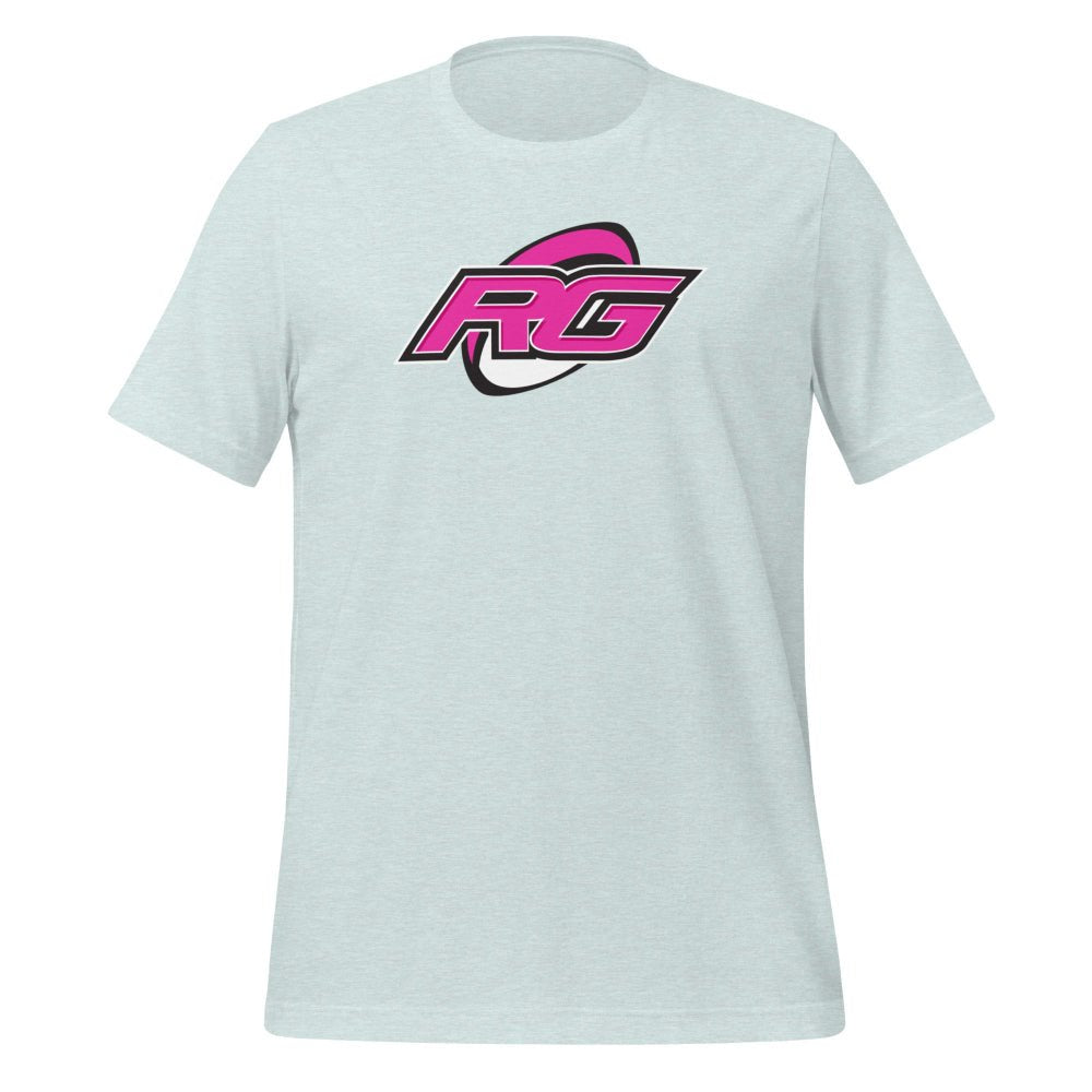 Heather Blue women's rugby t-shirt with bold pink RG logo, casual rugby apparel. - Rugby Girl