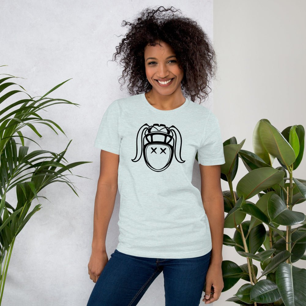Heather blue women's rugby t-shirt with bold black harlequin graphic, casual fit. - Rugby Girl
