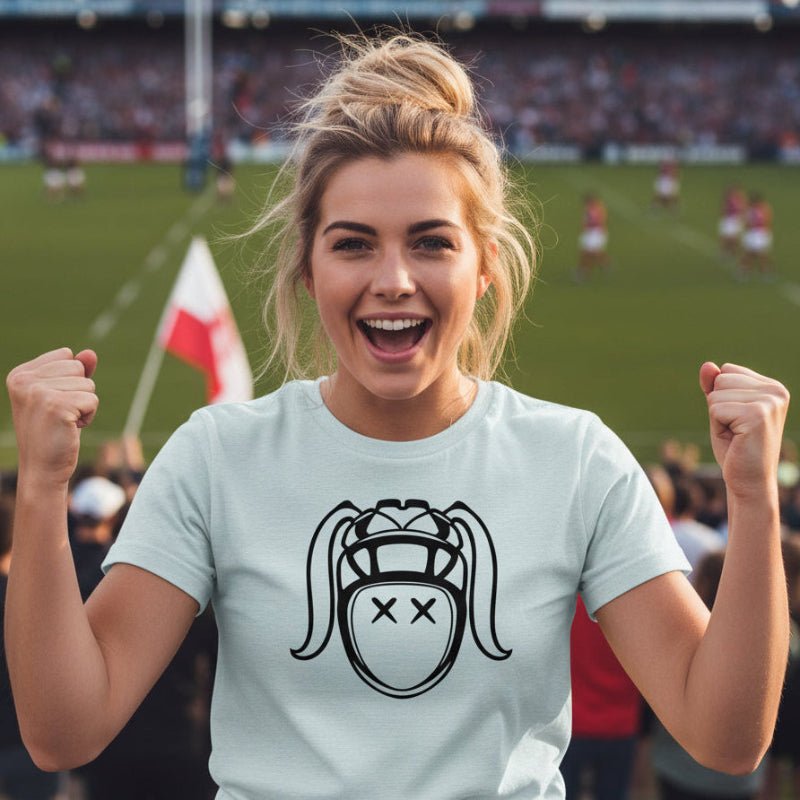 Heather blue women's rugby t-shirt with bold rugby girl gorilla graphic, casual sportswear for fans and players. - Rugby Girl