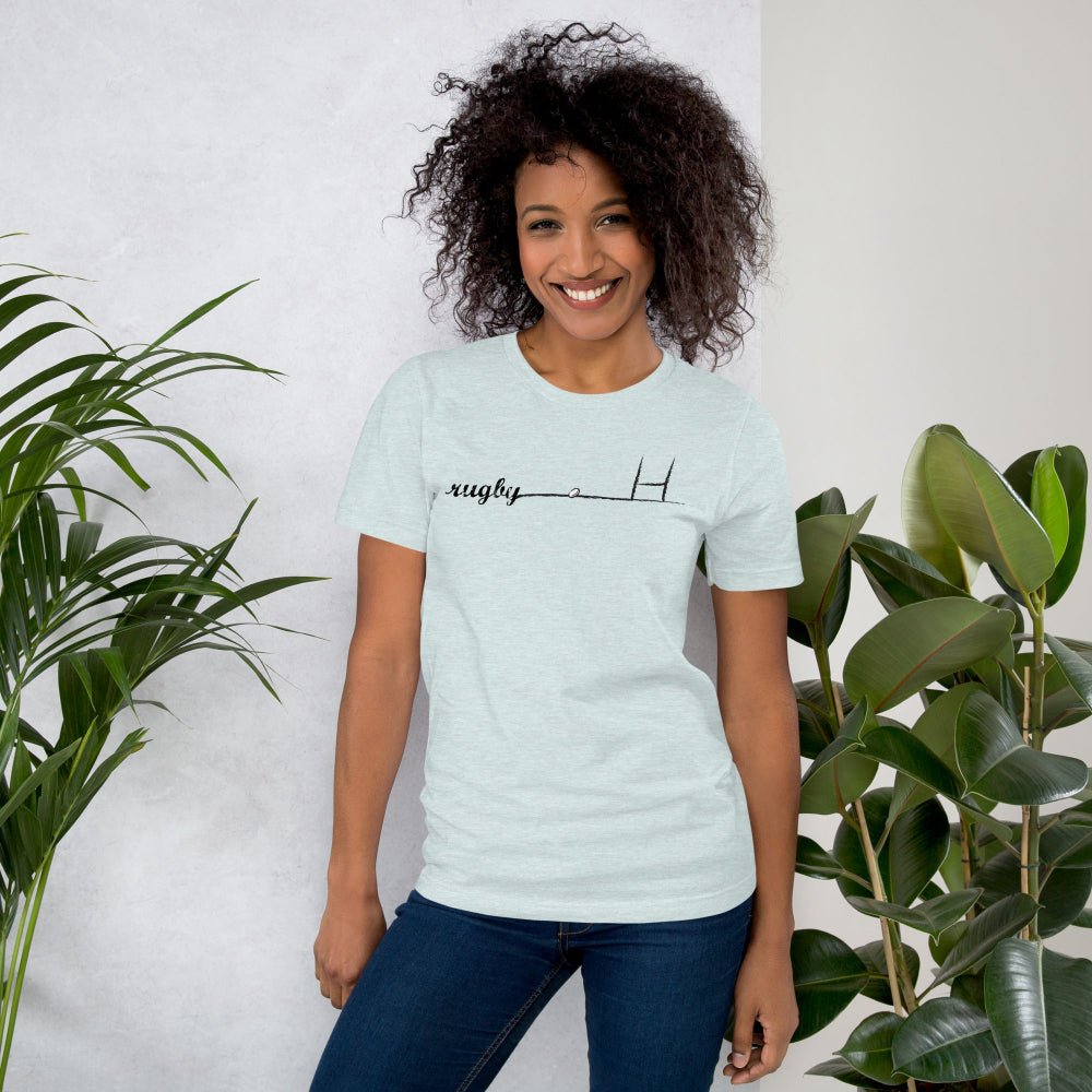 Women's rugby t-shirt in heather blue with minimalist rugby goalpost and "rugby girl" text design. - Rugby Girl