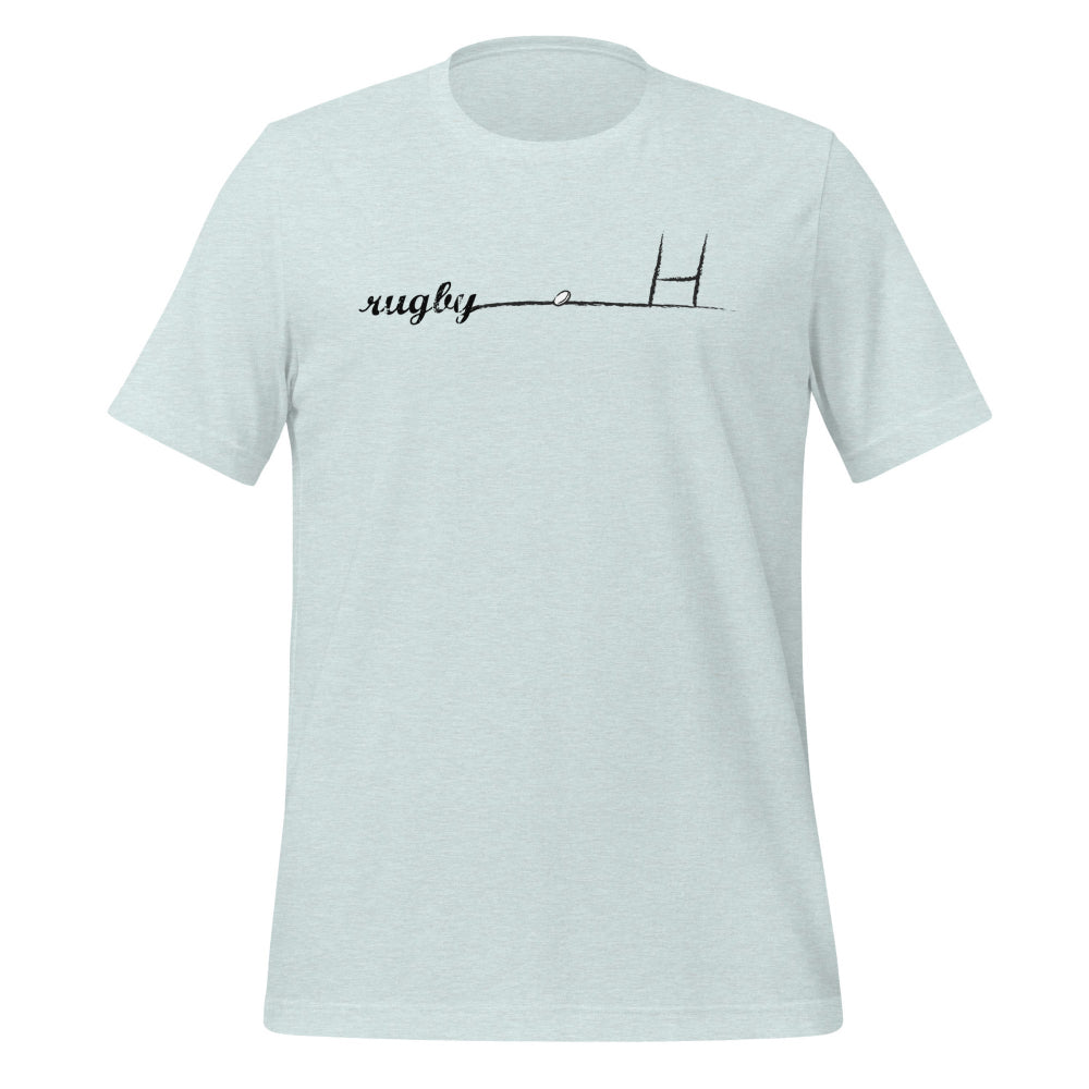 Heather blue women's rugby t-shirt with minimalist rugby goalpost design, perfect rugby gift. - Rugby Girl