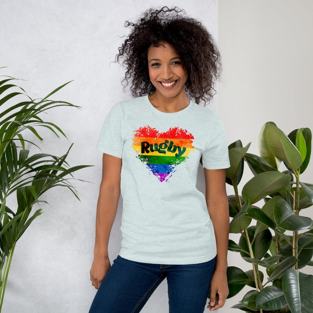 Light Blue women's rugby t-shirt with vibrant rainbow heart design and bold Rugby text. - Rugby Girl