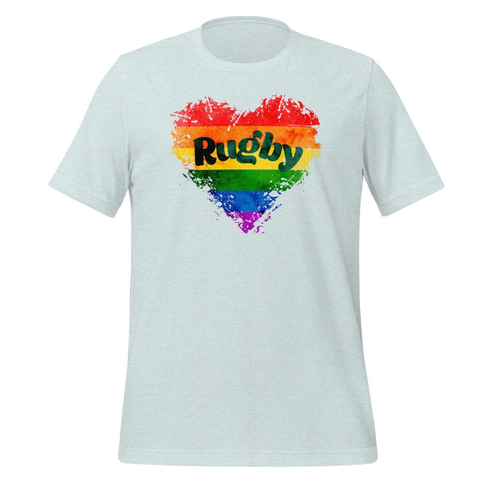 Light blue women's rugby t-shirt with rainbow heart and bold "Rugby" text. - Rugby Girl
