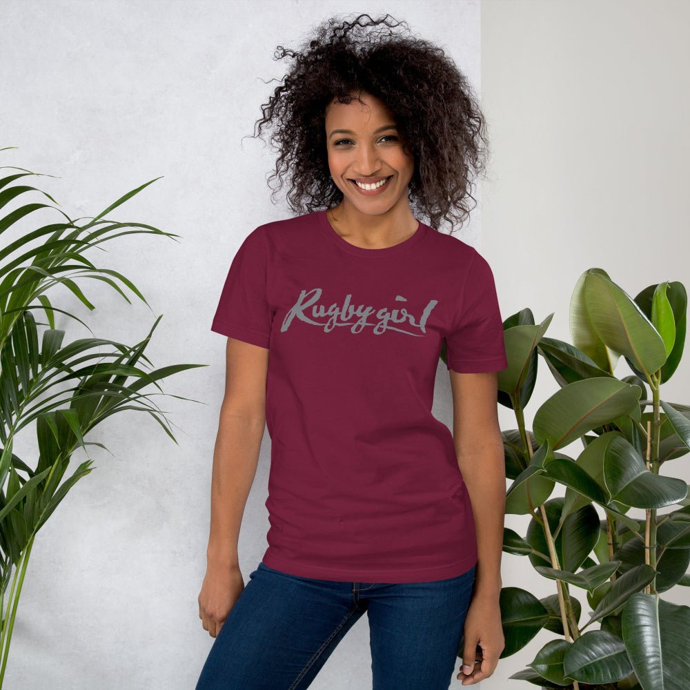 Women's rugby t-shirt in deep maroon with gray "Rugby girl" script, casual fit for rugby fans and players. - Rugby Girl