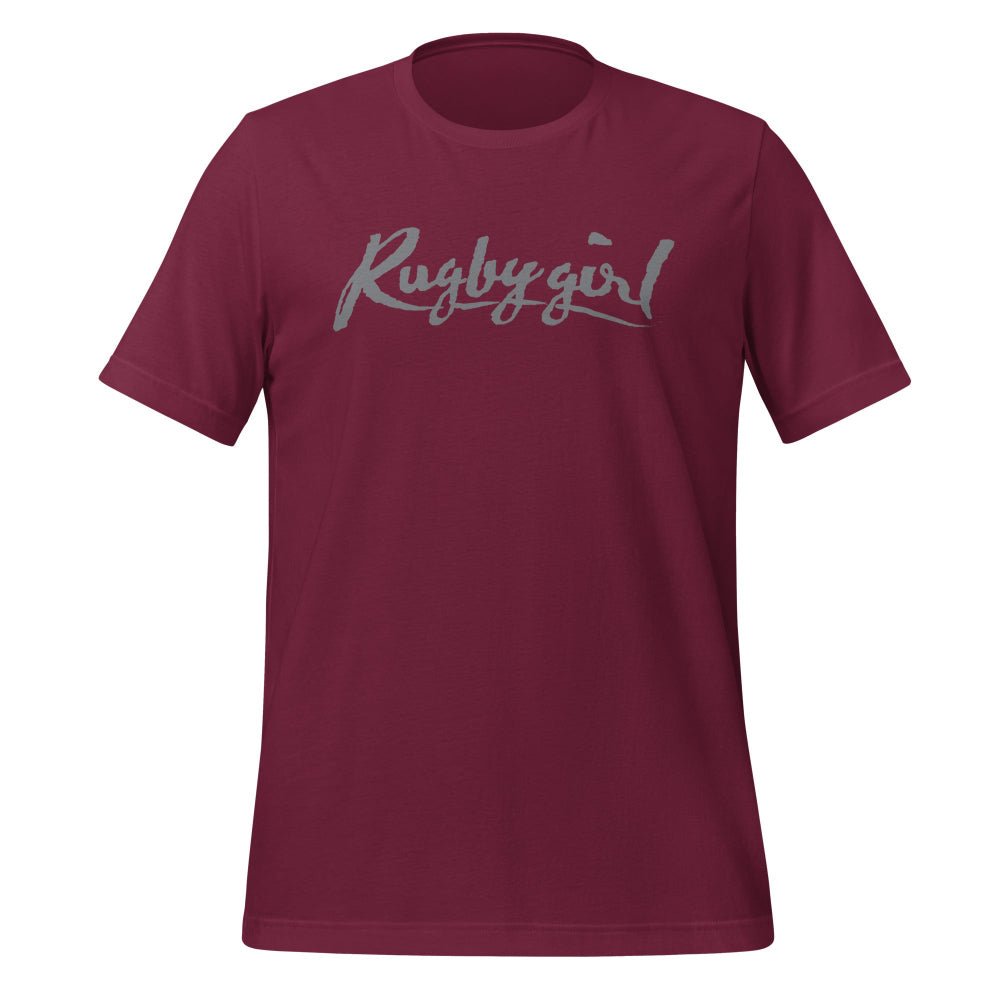 Maroon women's rugby t-shirt with "Rugby girl" script for rugby players and fans. - Rugby Girl