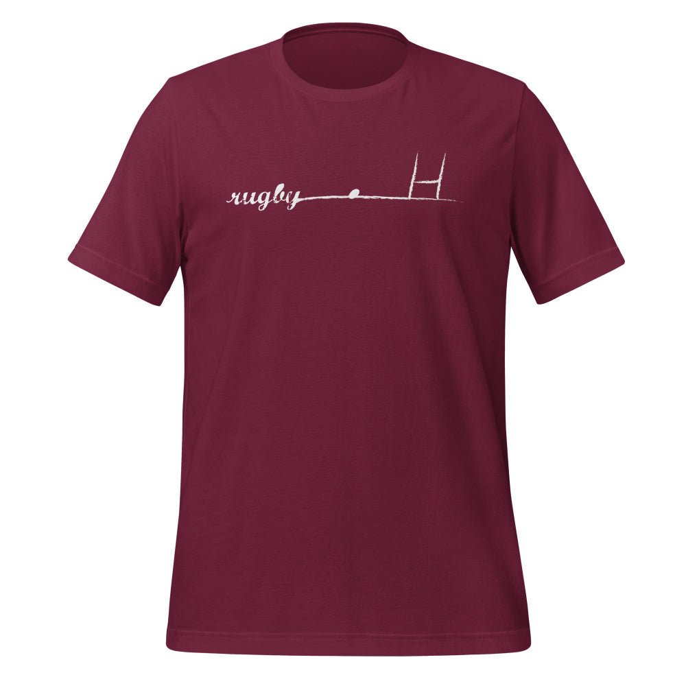 Dark red women's rugby t shirt with minimalist goalpost graphic and rugby girl script. - Rugby Girl