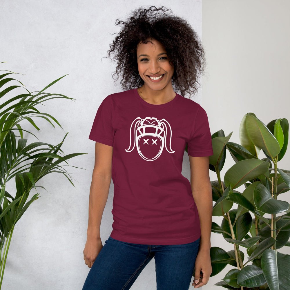 Maroon women's rugby t-shirt with bold white harlequin girl graphic, casual fit for rugby fans and players. - Rugby Girl