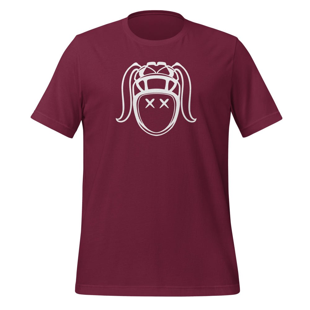 Maroon women's rugby t-shirt with bold white harlequin face design for rugby girl fans. - Rugby Girl