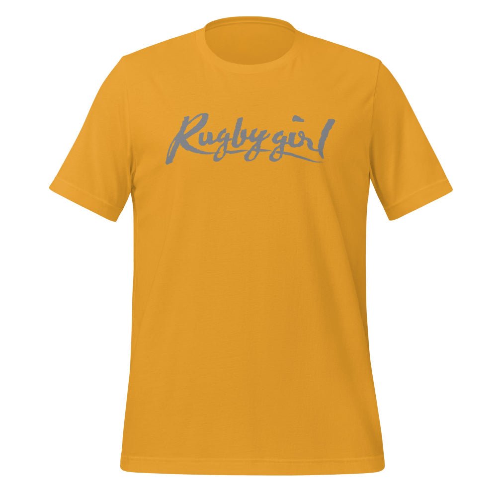 Gold women's rugby t-shirt with bold blue "Rugby girl" script, casual rugby apparel. - Rugby Girl