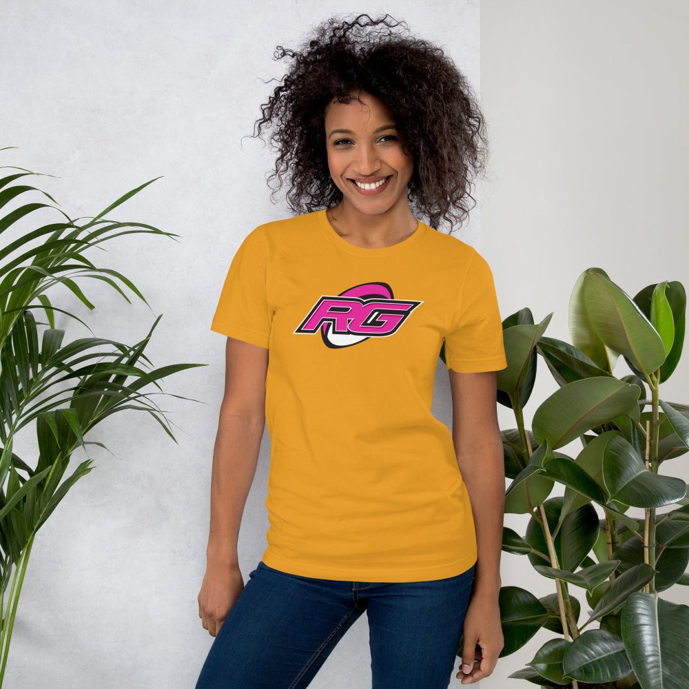 Women's rugby t-shirt in gold with bold pink and black RG logo, casual fit for rugby girls. - Rugby Girl