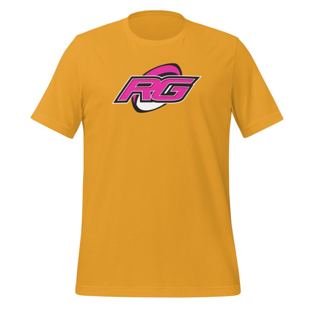 Gold women's rugby t-shirt with bold pink and black RG logo, casual athletic fit. - Rugby Girl