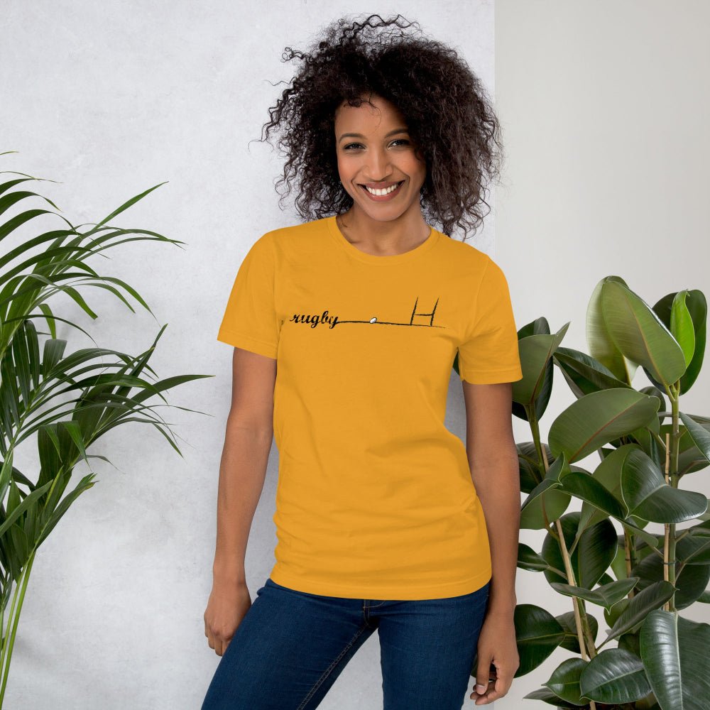 Gold women's rugby t-shirt with rugby girl heartbeat and goalpost design, casual fit. - Rugby Girl