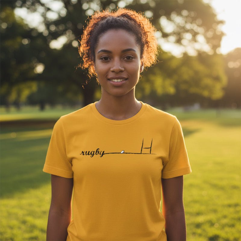 Gold women's rugby t-shirt with minimalist rugby goalpost and try line design, casual fit. - Rugby Girl