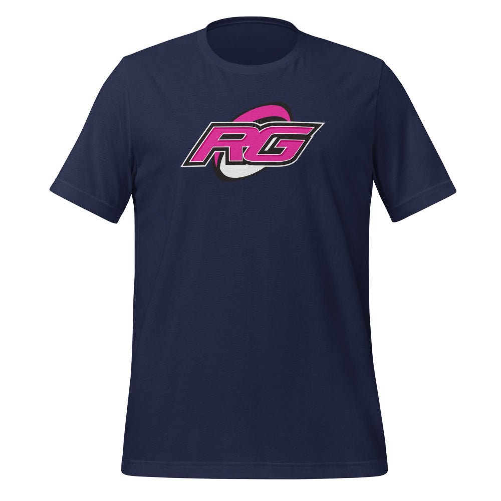 Navy blue women's rugby t-shirt with bold pink and white RG logo, sporty casual style. - Rugby Girl