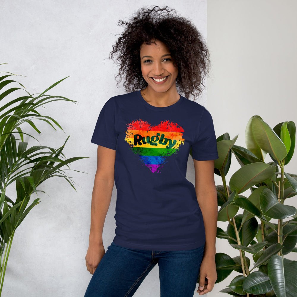 Navy women's rugby t-shirt with rainbow heart and bold "Rugby" text, casual fit perfect for rugby girls and fans. - Rugby Girl