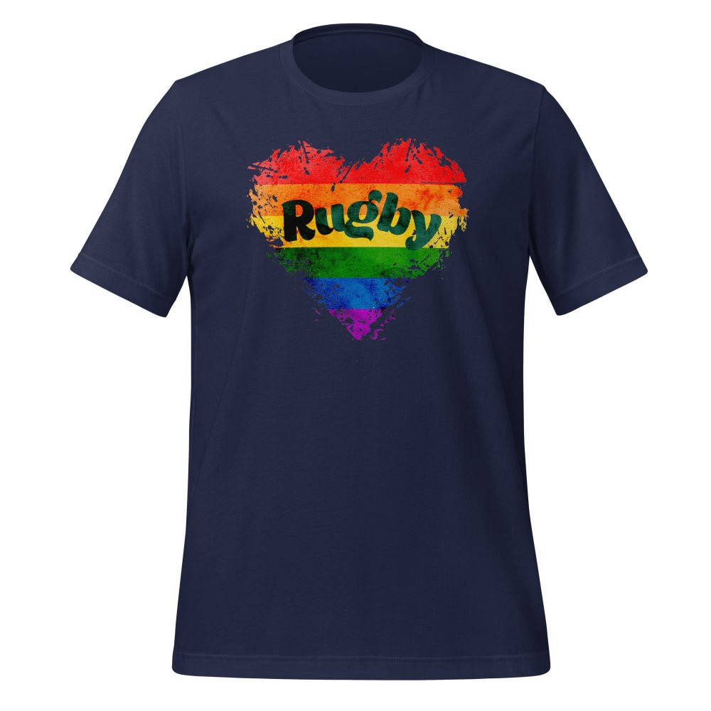 Navy women's rugby t-shirt with rainbow heart and "Rugby" text, casual sportswear for rugby girls. - Rugby Girl