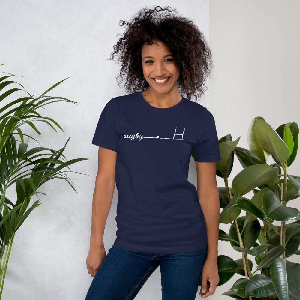 Navy women's rugby t-shirt with white goalpost and rugby girl graphic, casual rugby apparel. - Rugby Girl