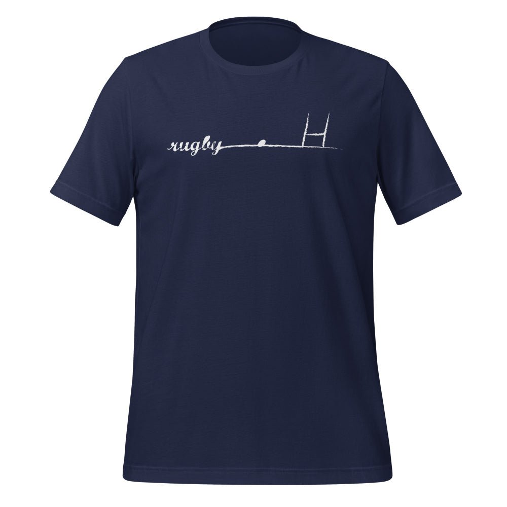 Navy women's rugby t-shirt with white rugby goalpost and word "rugby" design, casual rugby apparel. - Rugby Girl