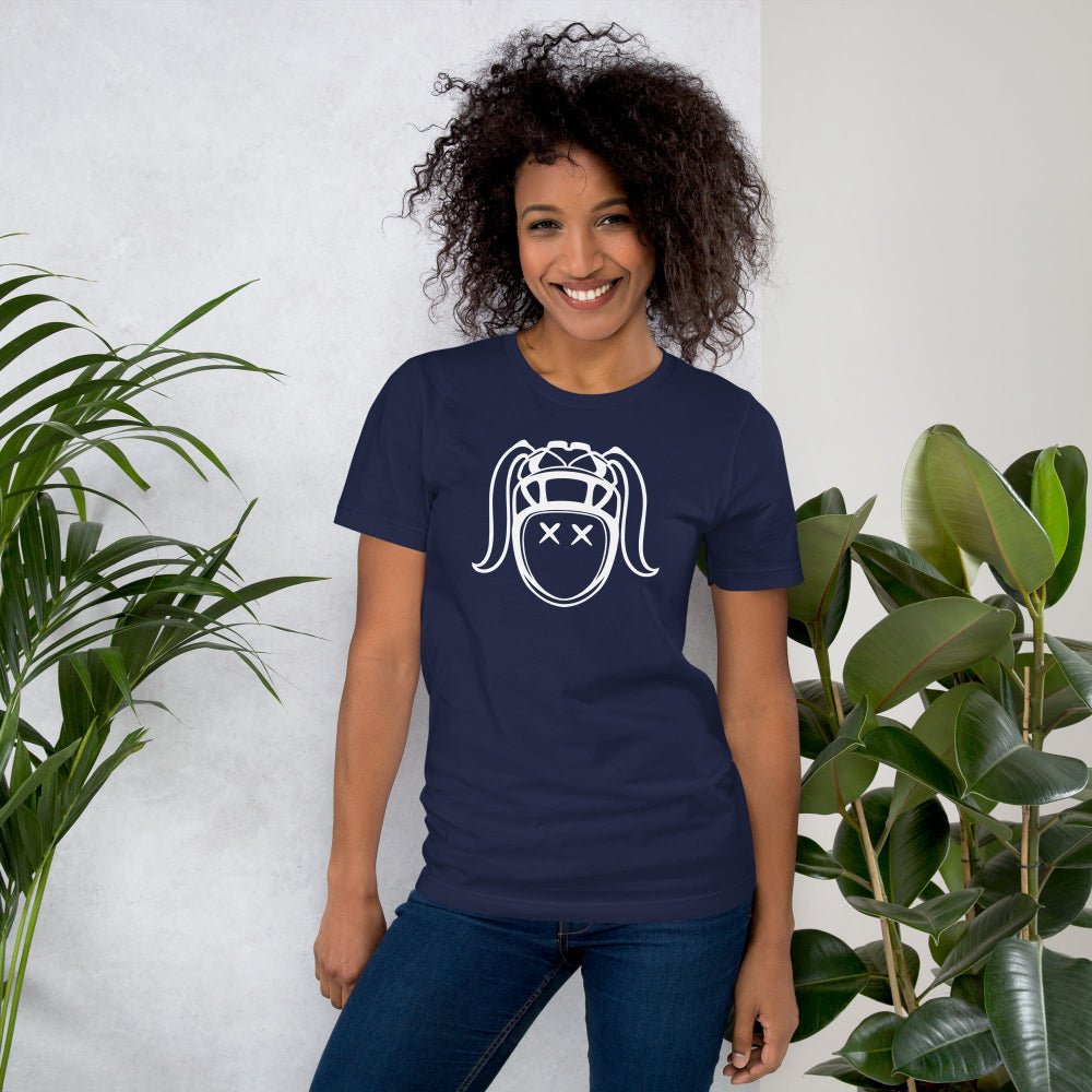 Navy women's rugby t-shirt with bold white harlequin face design, casual rugby apparel for fans and players. - Rugby Girl