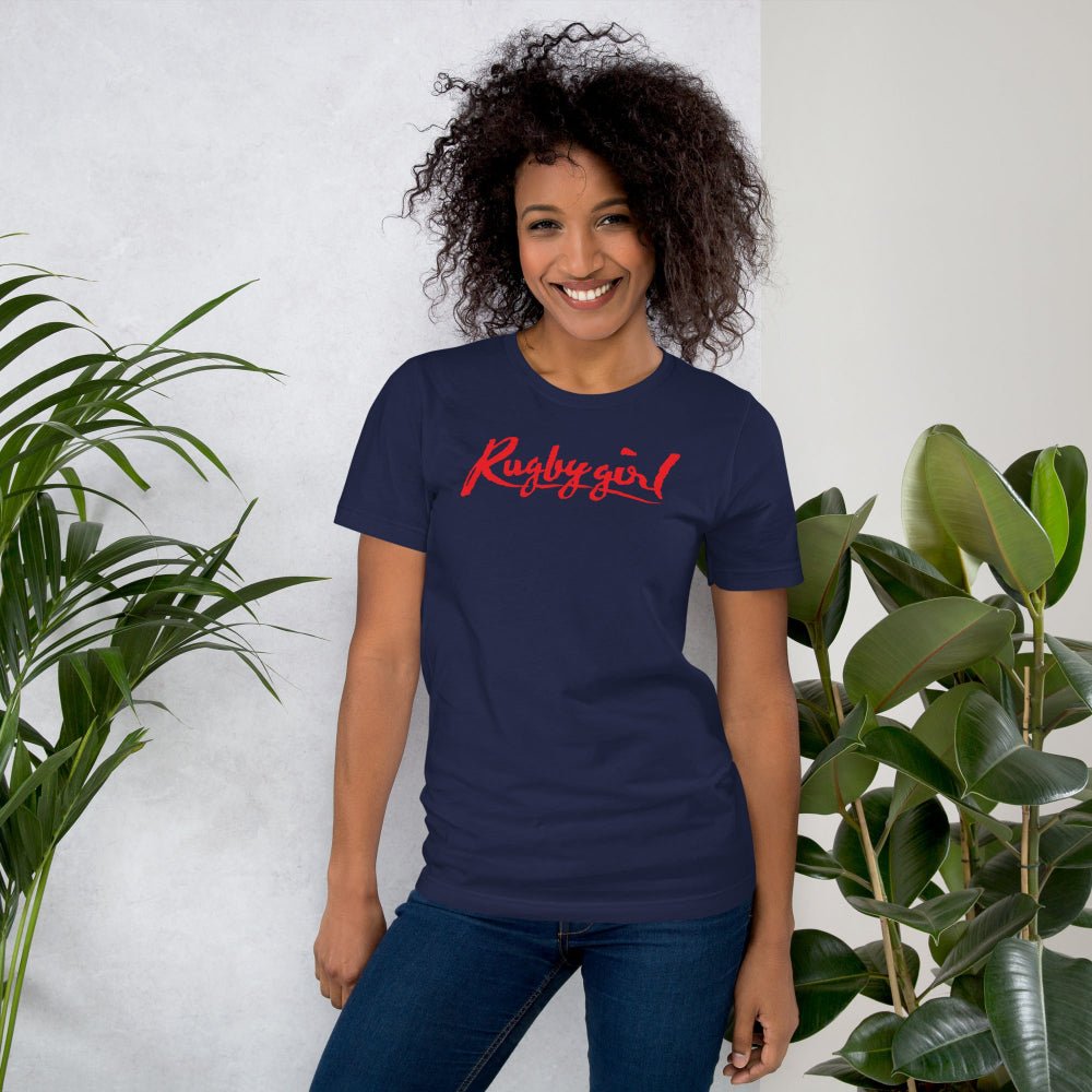 Navy women's rugby t-shirt with bold red "Rugby girl" script, casual sporty fit. - Rugby Girl