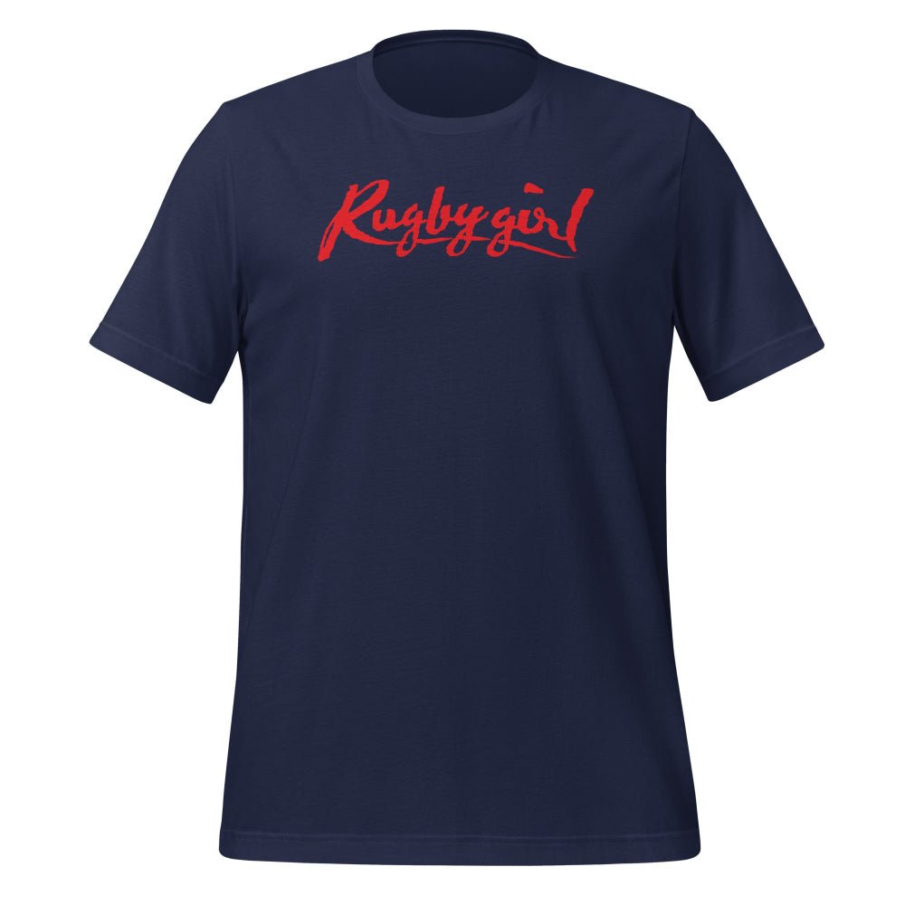 Navy women's rugby t-shirt with bold red "Rugby girl" script, casual sportswear for rugby fans and players. - Rugby Girl