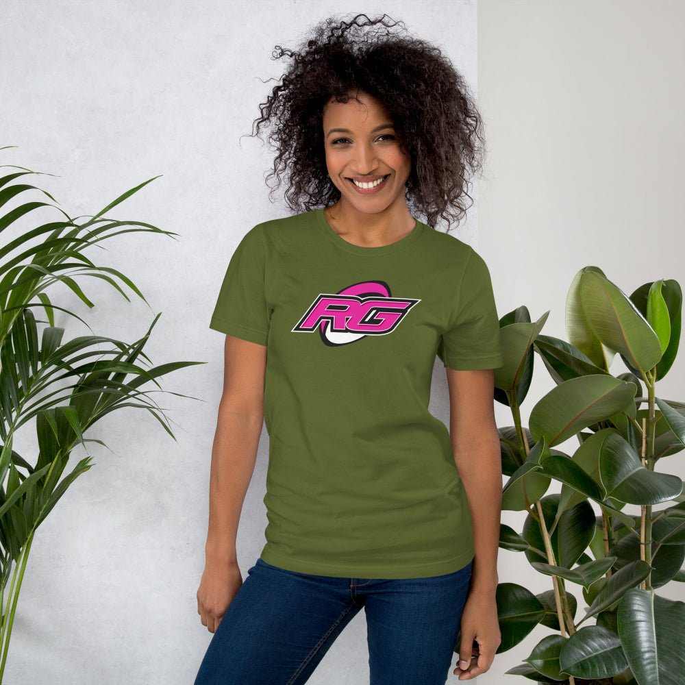 Olive green women's rugby t-shirt with bold pink and black RG logo, casual fit for rugby girls and fans. - Rugby Girl