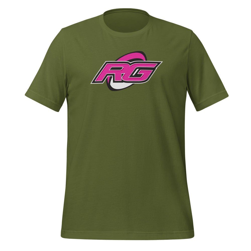 Olive green women's rugby t-shirt with bold pink and black RG logo, lightweight athletic fit. - Rugby Girl