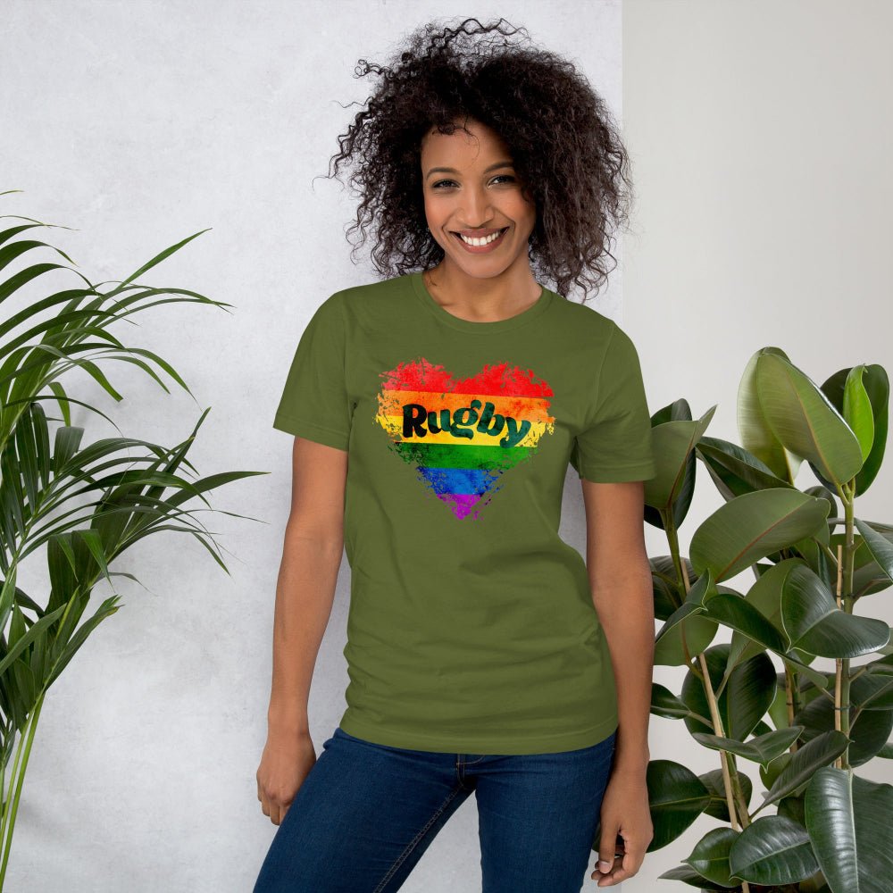 Olive green women's rugby t-shirt with rainbow heart and "Rugby" text, casual rugby girl apparel. - Rugby Girl