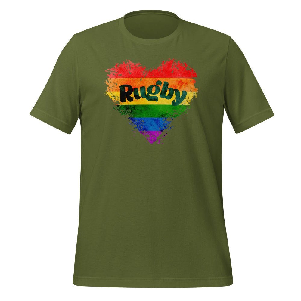 Olive green women's rugby t-shirt with rainbow heart and bold "Rugby" text, perfect rugby gift. - Rugby Girl