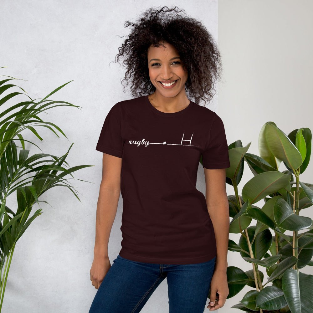 Maroon women's rugby t-shirt with minimalist rugby goalpost graphic, casual fit. - Rugby Girl