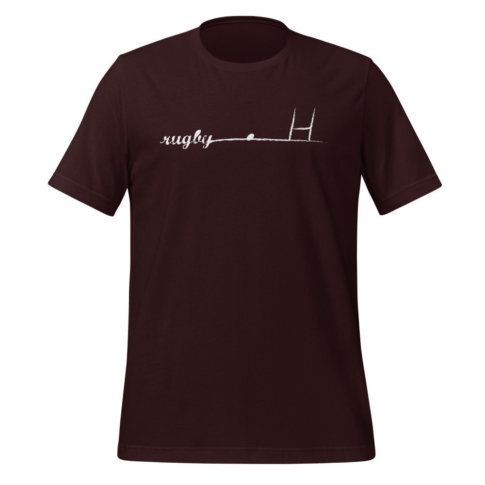 Maroon women's rugby t-shirt with minimalist rugby goalpost and script design, casual rugby apparel. - Rugby Girl