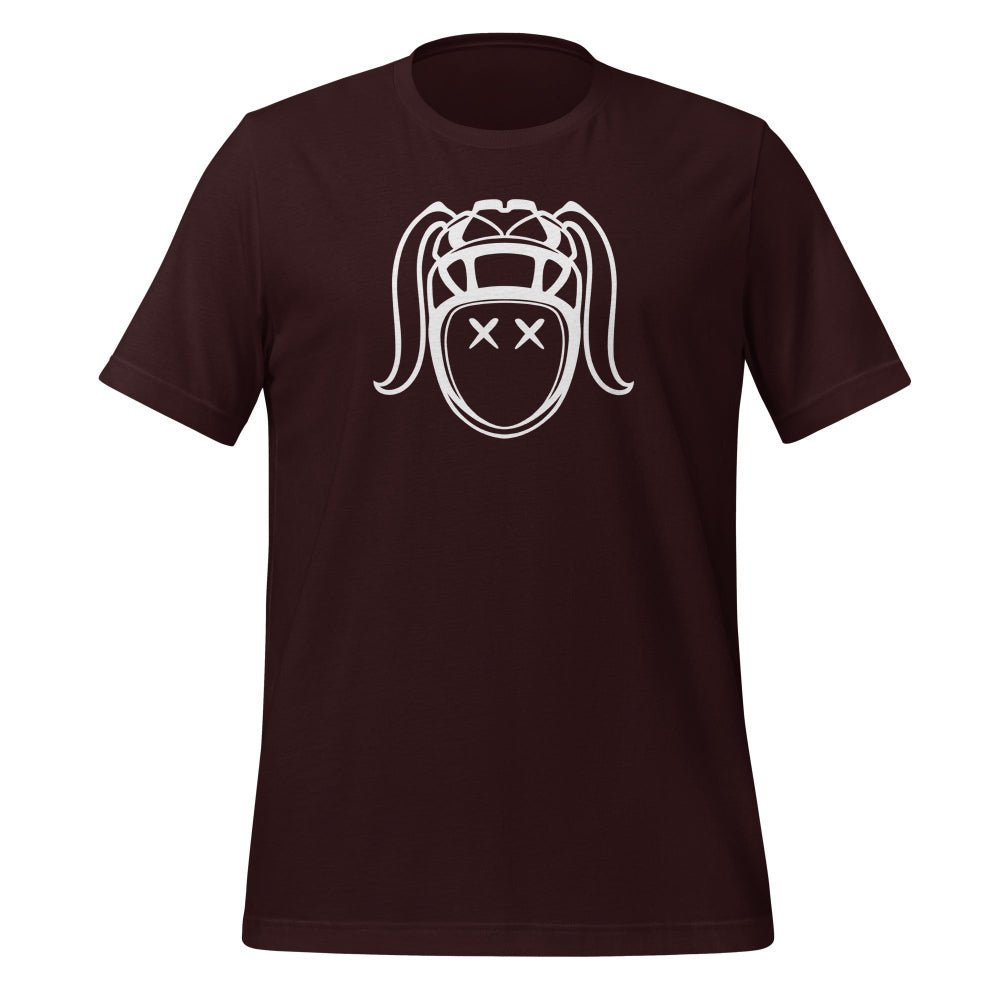 Dark maroon women's rugby t-shirt with bold white harlequin girl graphic, stylish leisure rugby apparel. - Rugby Girl