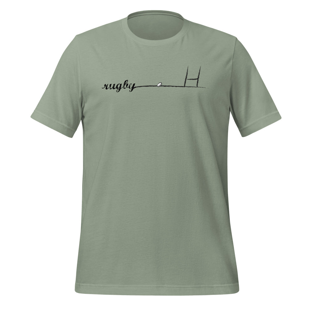 Sage green women's rugby t-shirt with minimalist rugby goalpost and script design, casual sportswear. - Rugby Girl