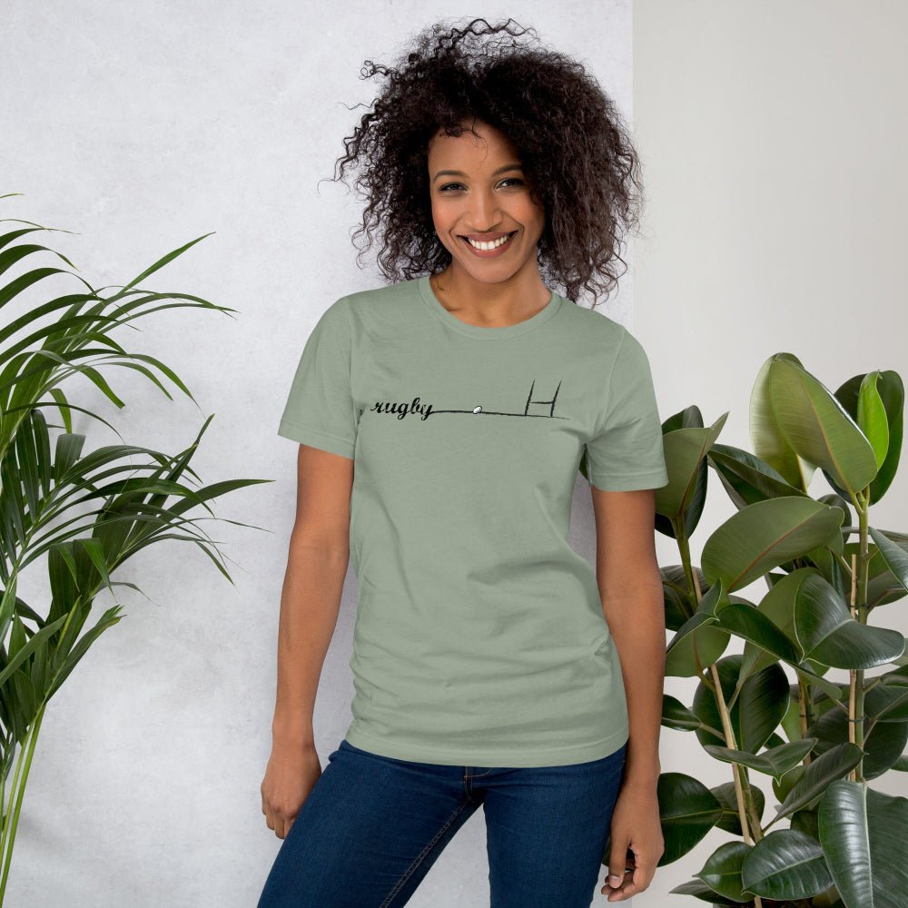 Sage green women's rugby t-shirt with minimalist rugby goalpost graphic and "rugby girl" text. - Rugby Girl