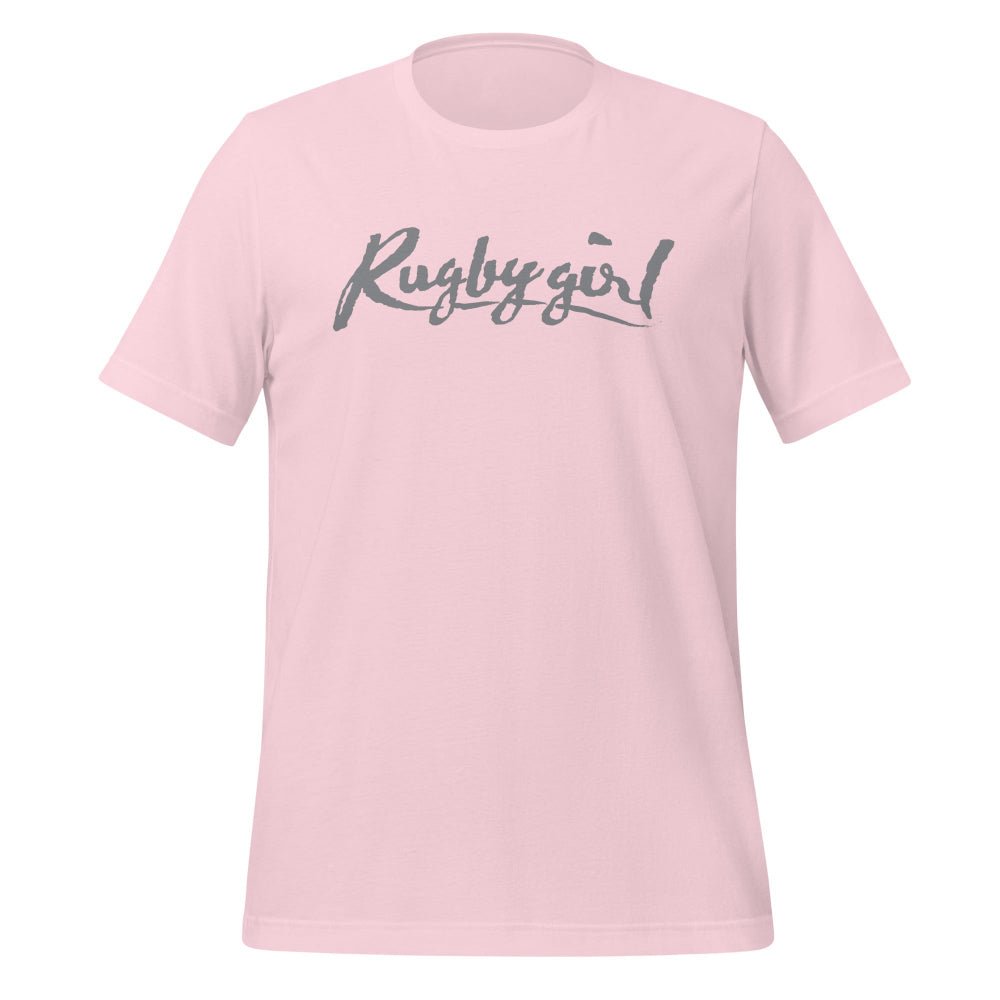Soft pink women's rugby t-shirt with bold "Rugby girl" script, casual athletic style. - Rugby Girl