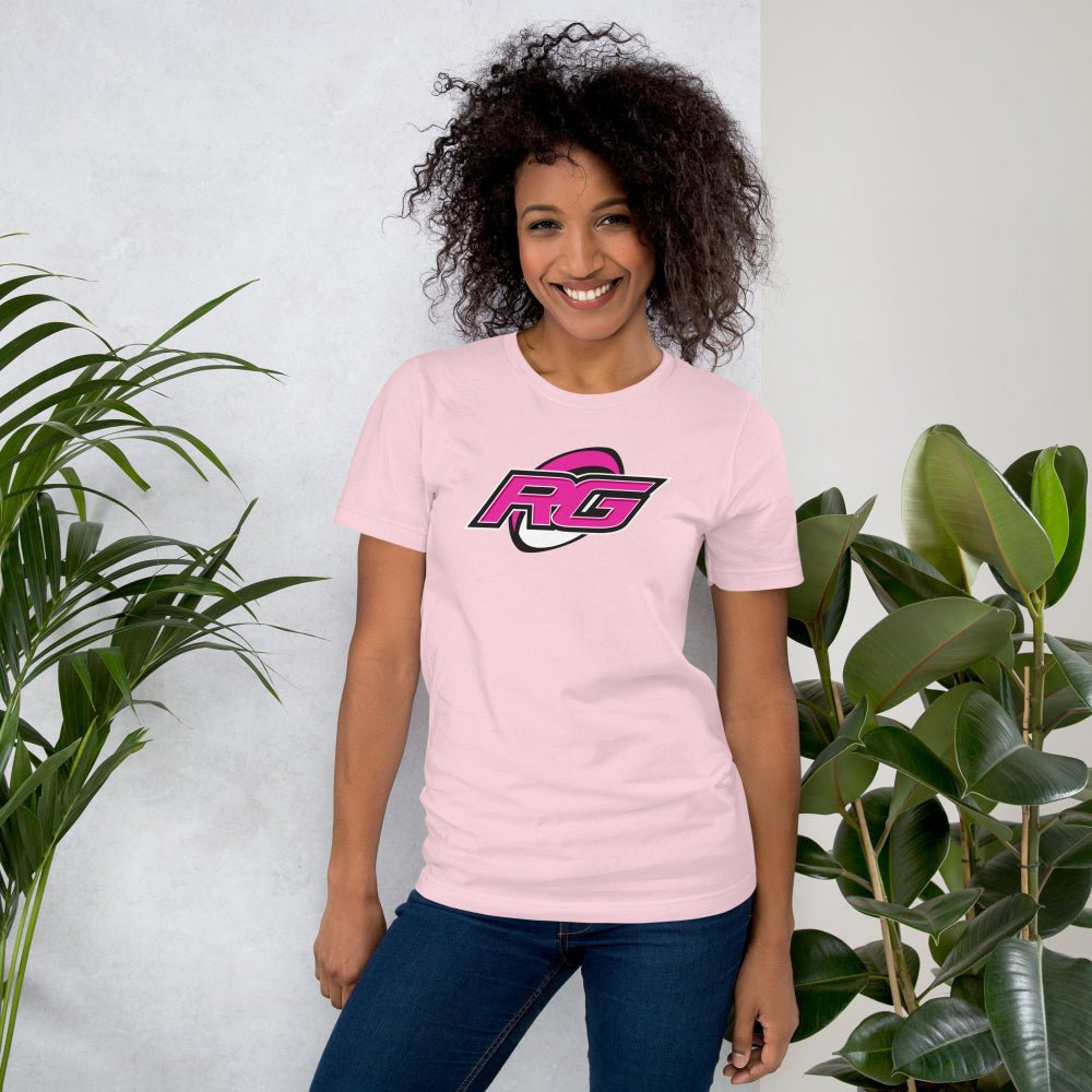 Soft pink women's rugby t-shirt with bold RG logo, casual style for rugby girls and fans. - Rugby Girl