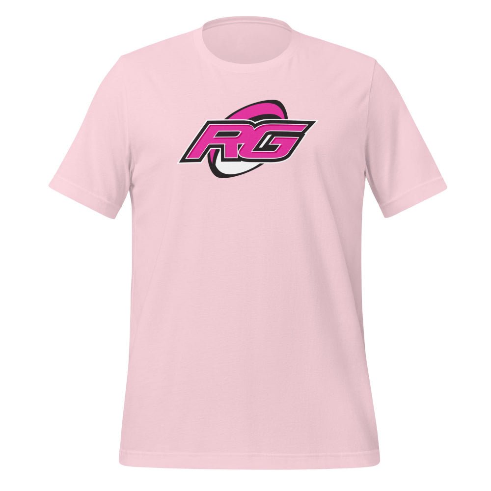 Soft pink women's rugby t-shirt with bold RG logo, stylish rugby girl apparel and gift idea. - Rugby Girl