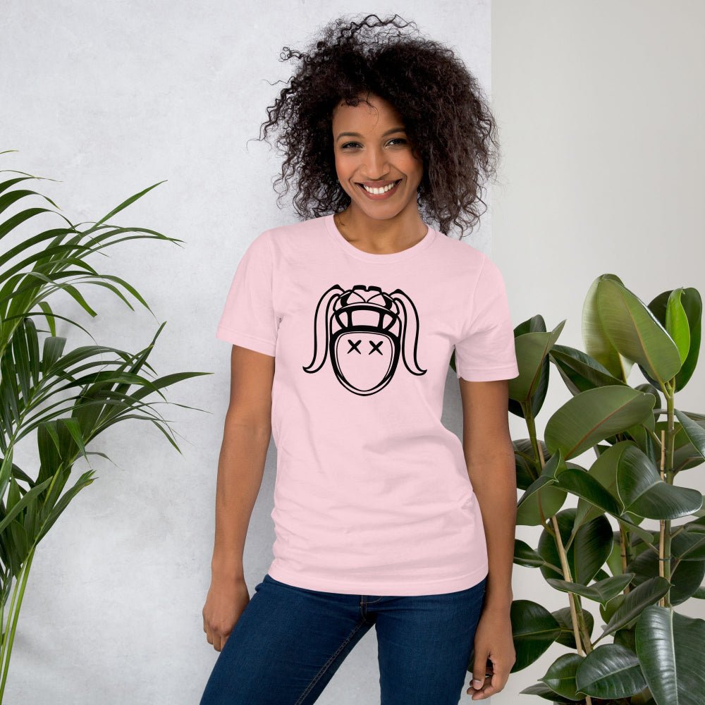 Soft pink women's rugby t-shirt with bold black harlequin girl graphic, casual rugby apparel. - Rugby Girl