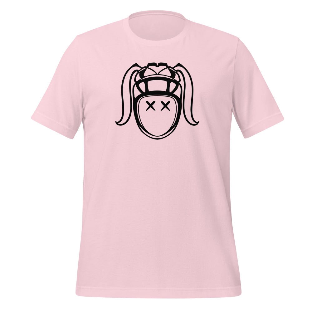 Soft pink women's rugby t-shirt with bold black rugby girl graphic, casual leisurewear style. - Rugby Girl