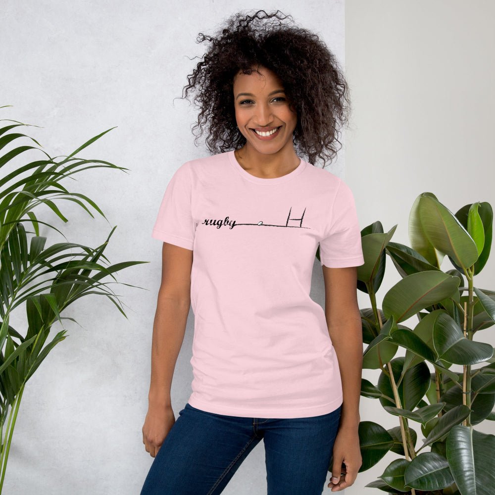 Light pink women's rugby t-shirt with minimalist goalpost and rugby girl graphic, casual fit. - Rugby Girl