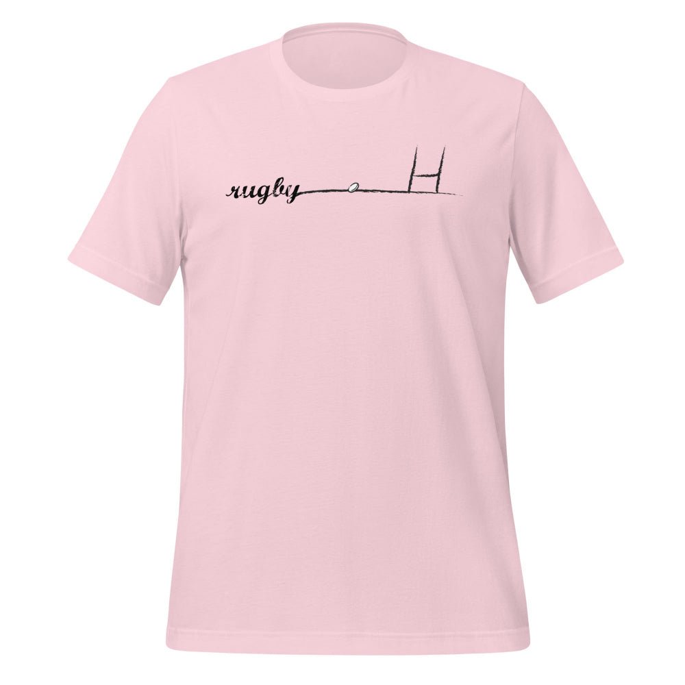 Light pink women's rugby t-shirt with minimalist rugby girl goalpost line art design. - Rugby Girl