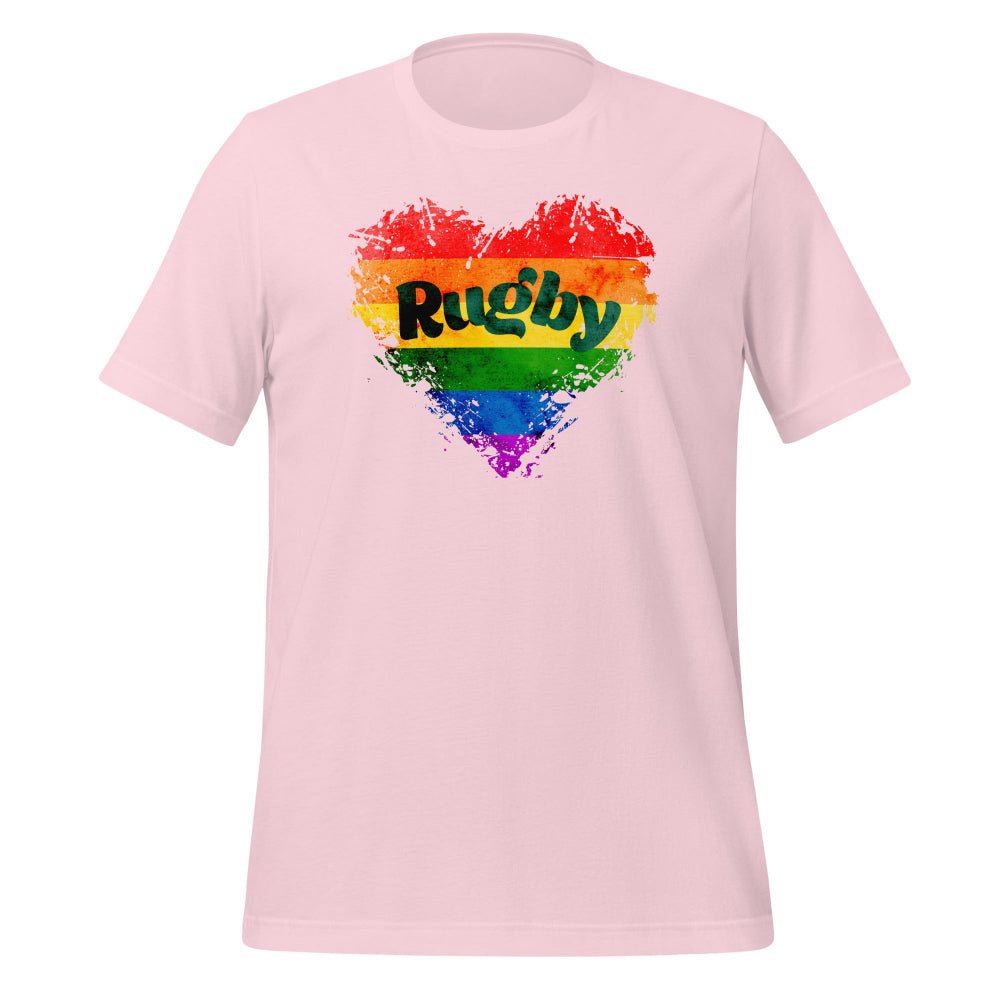 Soft pink women's rugby t-shirt with colorful rainbow heart and bold "Rugby" text, perfect rugby girl gift. - Rugby Girl