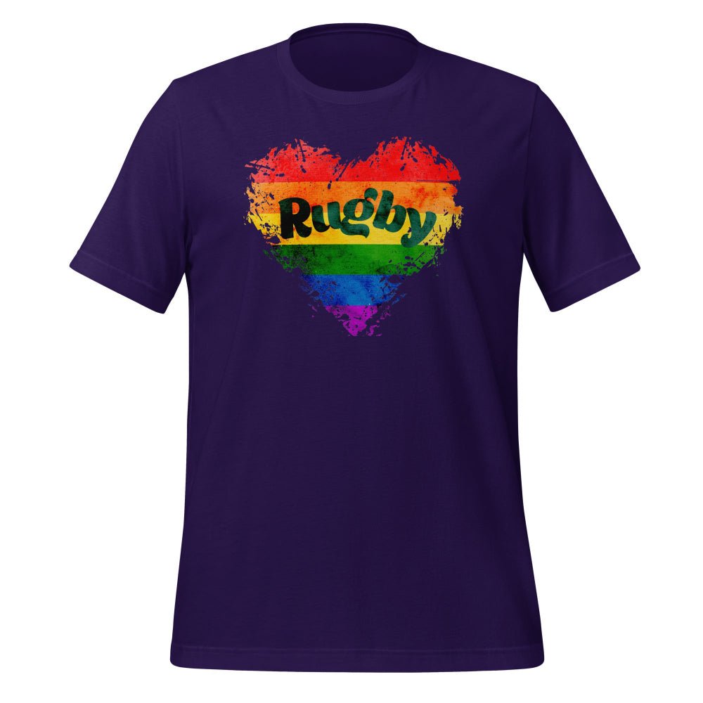 Purple women's rugby t-shirt with rainbow heart and bold Rugby girl pride design. - Rugby Girl