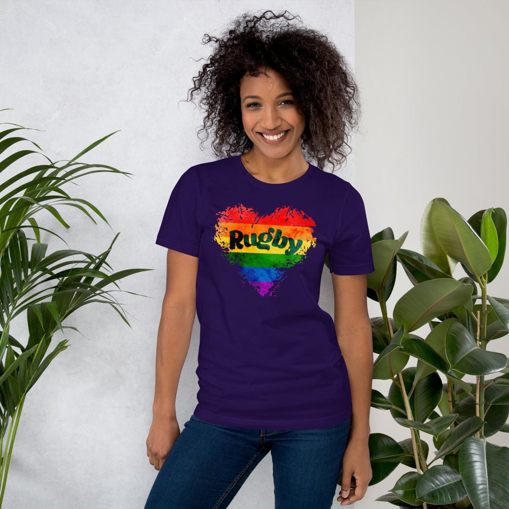 Purple women's rugby t-shirt with vibrant rainbow "Rugby" heart graphic, casual fit. - Rugby Girl