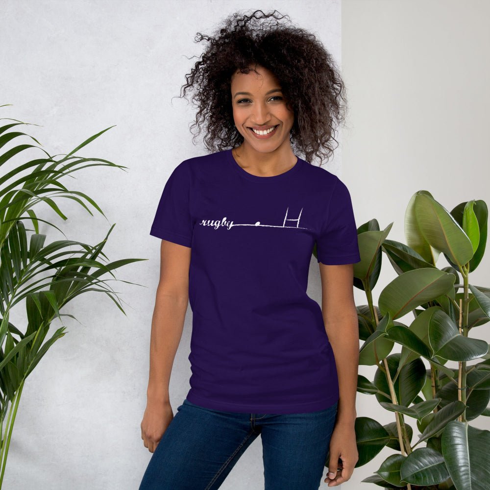 Women's rugby t-shirt in  purple with minimalist white rugby goalpost graphic, casual fit for rugby girls and fans. - Rugby Girl