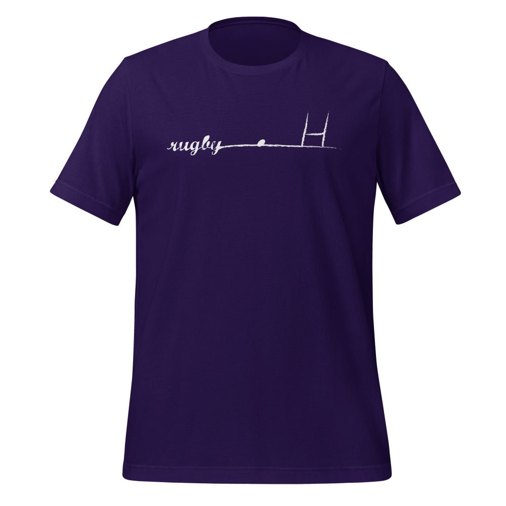 Women's rugby t-shirt in dark purple with minimalist rugby goalpost and script design, casual rugby apparel for fans and. - Rugby Girl