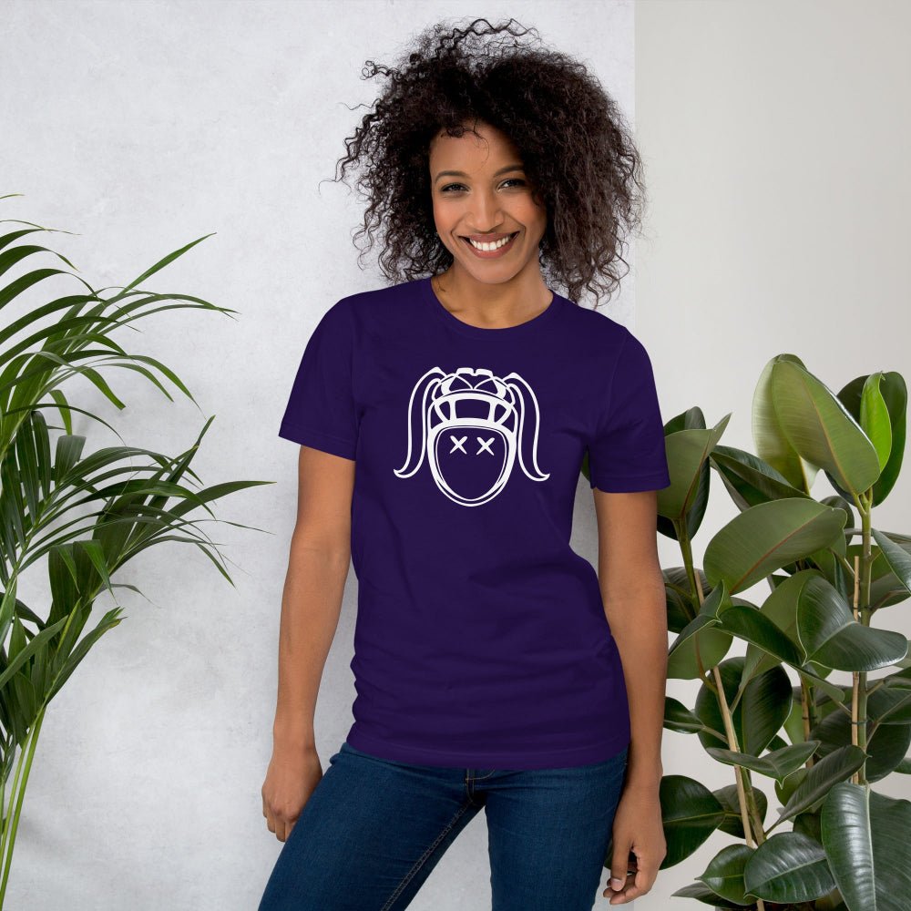 Women's rugby t-shirt in purple with bold white rugby girl harlequin design, casual fit. - Rugby Girl